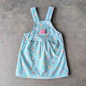 Vintage Oshkosh B'Gosh Teal Corduroy Bunny Rabbit Pattern Overall Dress size 4T